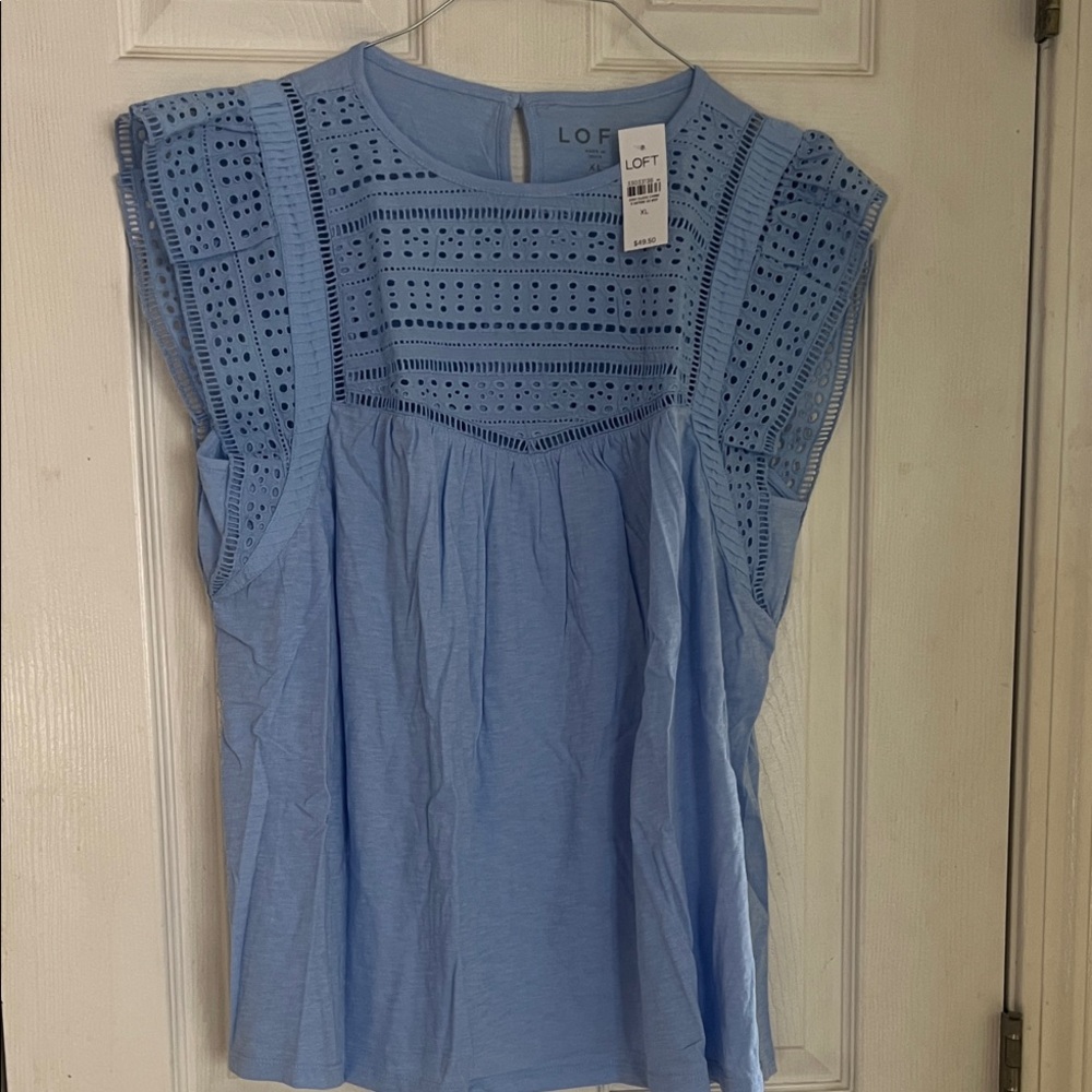 LOFT Sky Blue Eyelet Cap-Sleeve Blouse